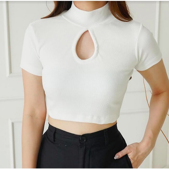 Korean Crop Top Baju Atasan Wanita Kaos Turtleneck High Neck Top Casual Tshirt 118