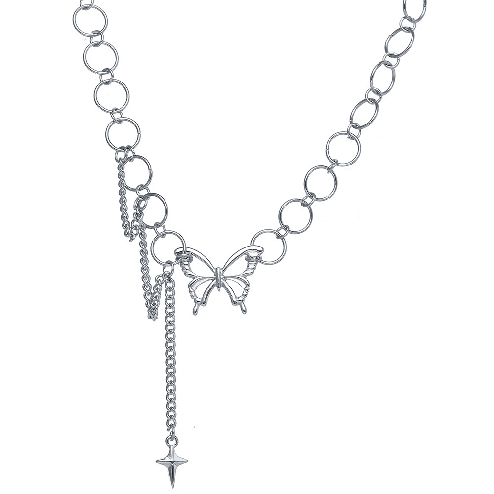 Kalung Choker Rantai Pendek Desain Bulan Bintang Butterfly Warna Silver Untuk Wanita