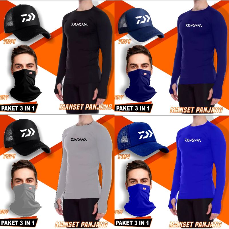Baju baselayer mancing  daiwa - topi pancing daiwa ekonomis - buff masker mancing terlaris