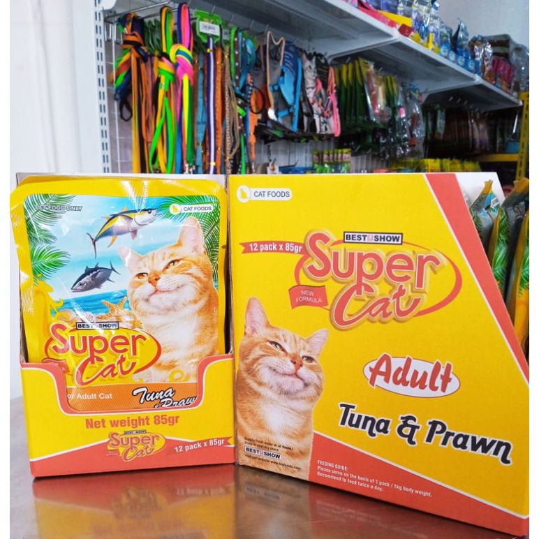 makanan kucing super cat sachet 85 gram adult tuna prawn