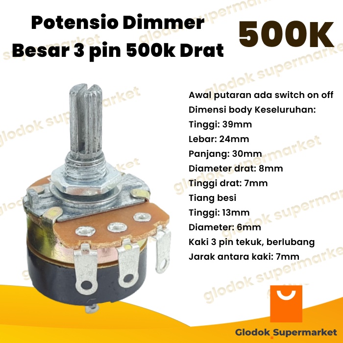 Potensio Dimmer Besar 3 pin 500k Drat Mono Kaki 3 Tekuk Dimer On Off 504