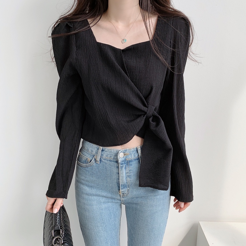 Wrap Top Crinkle Shirt Wanita Kemeja Lengan Panjang Korean Style Crop Top Blouse Hitam