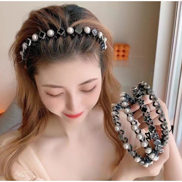 Bando Korea Bandana Wanita Black Retro Flower Aksesoris Rambut NJ141