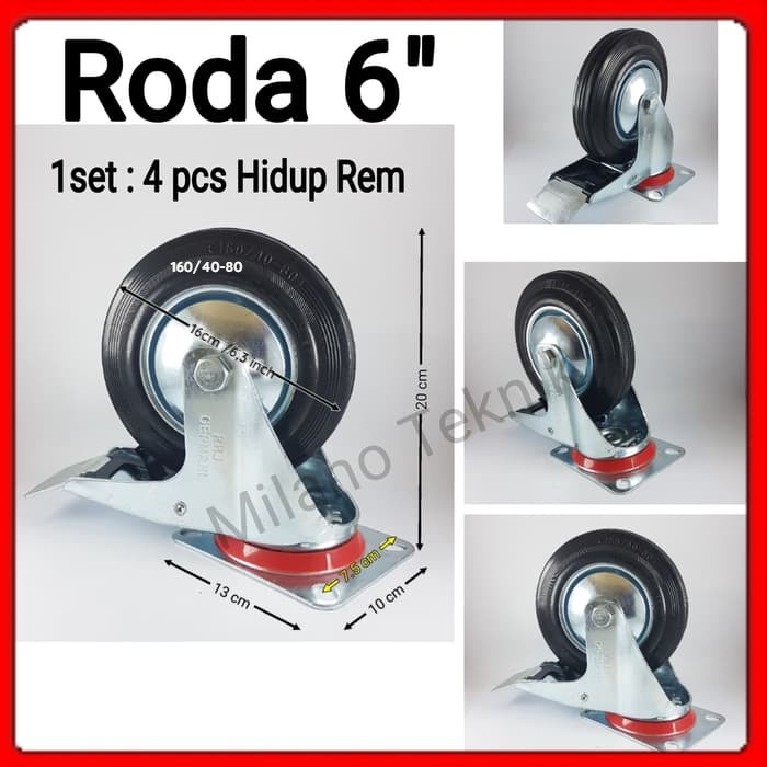 Roda Troli 6&quot; (1set: 4pcs HRem)Roda karet 6 inch/troly trolley etalase