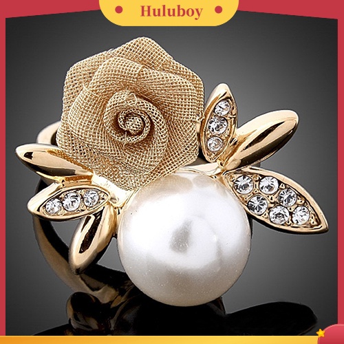 Hu Hu Hu Hu Hu Alat Bantu Pasang Kacamata♡ Cincin Lapis Emas 9K Desain Bunga Mawar Hias Mutiara Kristal Imitasi Untuk Wanita