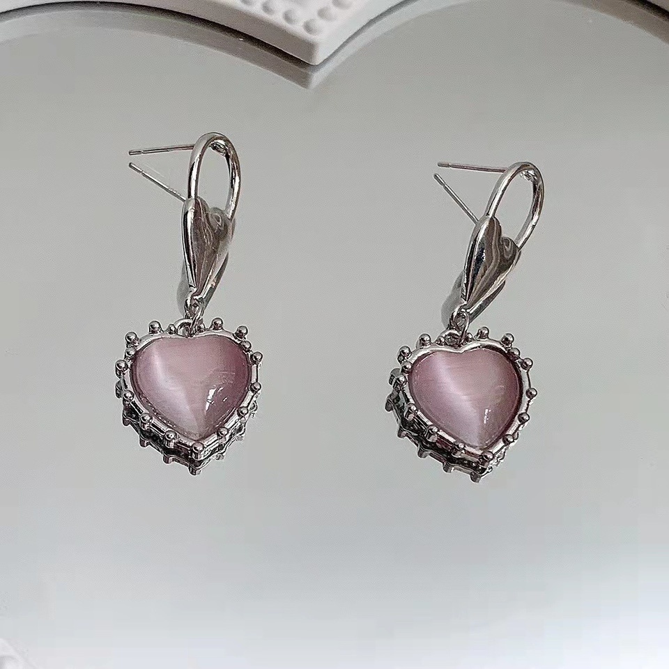 Anting Tusuk Gantung Temperament Desain Hati Hias Opal Pink Gaya Kerensimple Untuk Wanita