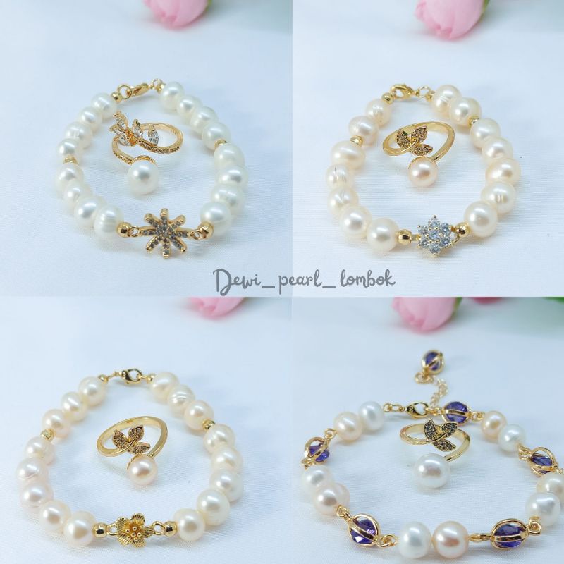Set gelang cincin mutiara tawar asli bersertifikat / set wanita murah / gelang cincin wanita / aseso