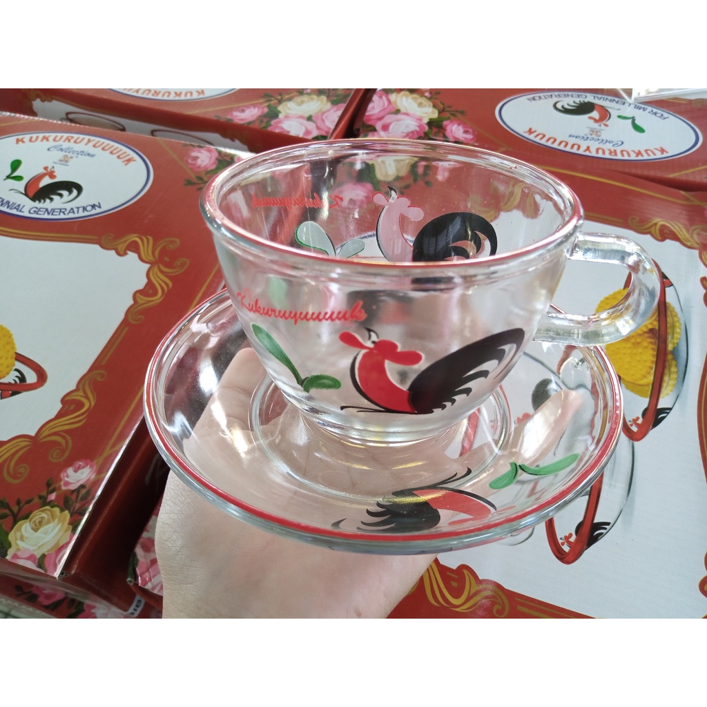 Hampers Cangkir Set Kaca Kukuruyuk Gelas Hias Cangkir Kopi Gelas Beling Gelas Kaca Model Print Gelas