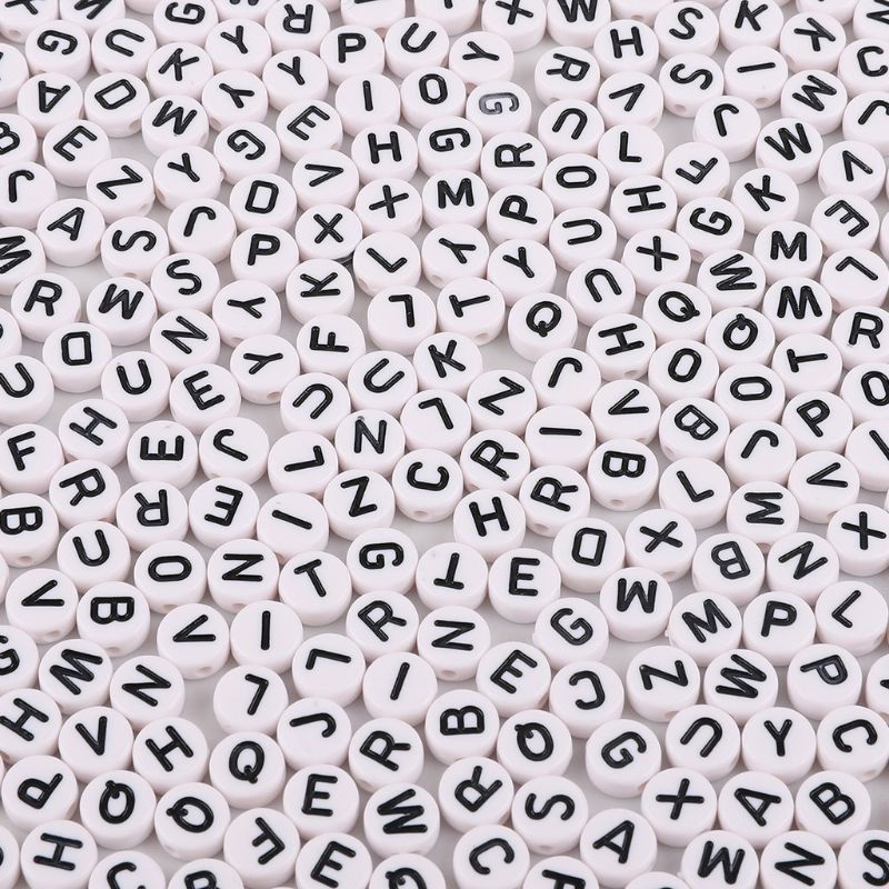 (1 Pon/450gr) Manik Mote Mute Bulat Putih Huruf Hitam Abjad Alfabet Bahan Craft DIY
