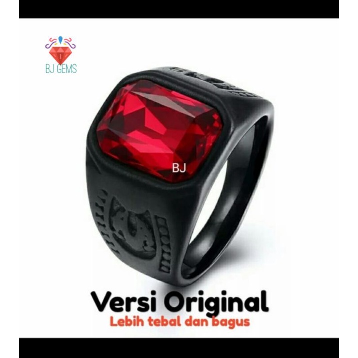 Cincin Original Black Titanium Steel Red Stone Glass Ruby Color