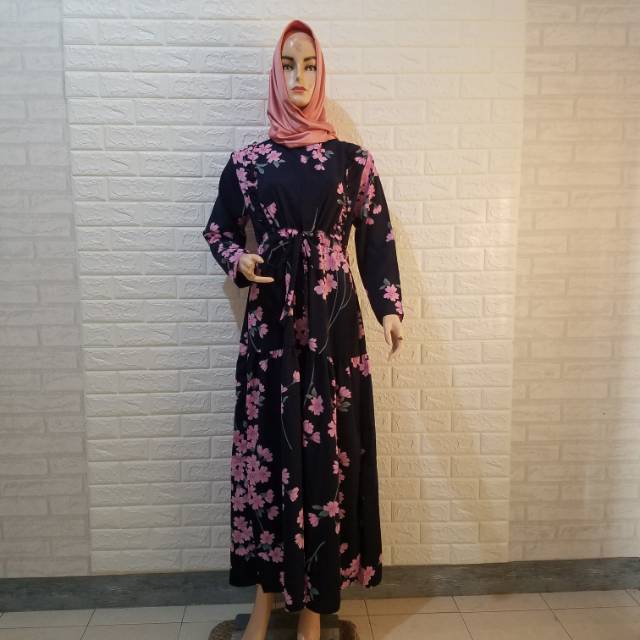 Gamis Motif Bunga (wolfis) - Biru Navy