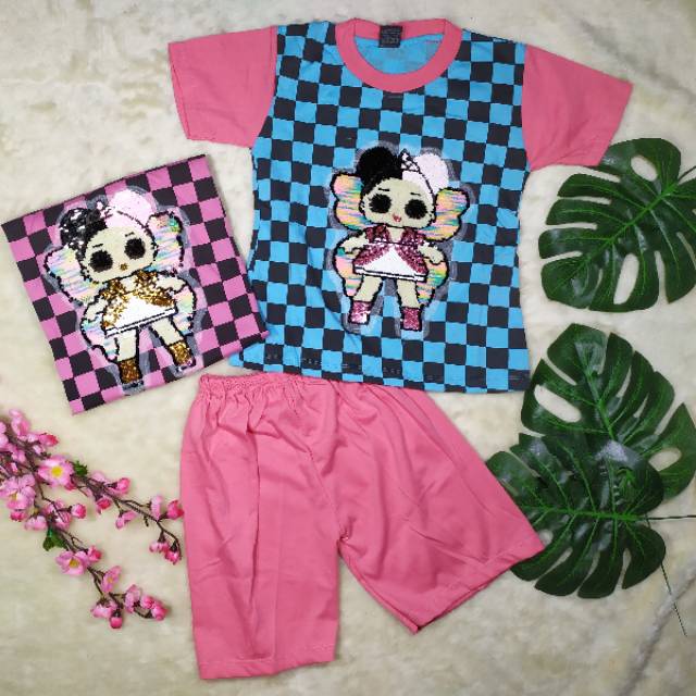 Ss#294 Baju Setelan Anak Perempuan size 6-10tahun Led Nyala Motif Catur / Pakaian Anak Perempuan