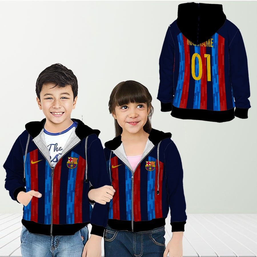 Jaket Hoodie Kids Jersey Barcelona 2022-2023 Casual Full Printing Free Custom Nama