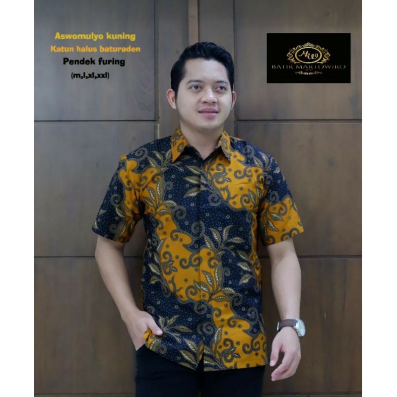 Kemeja Batik Lengan Pendek Terbaru Batik Pria Warna Kuning Hem Batik Warna Mustard ASWOMULYO KUNING