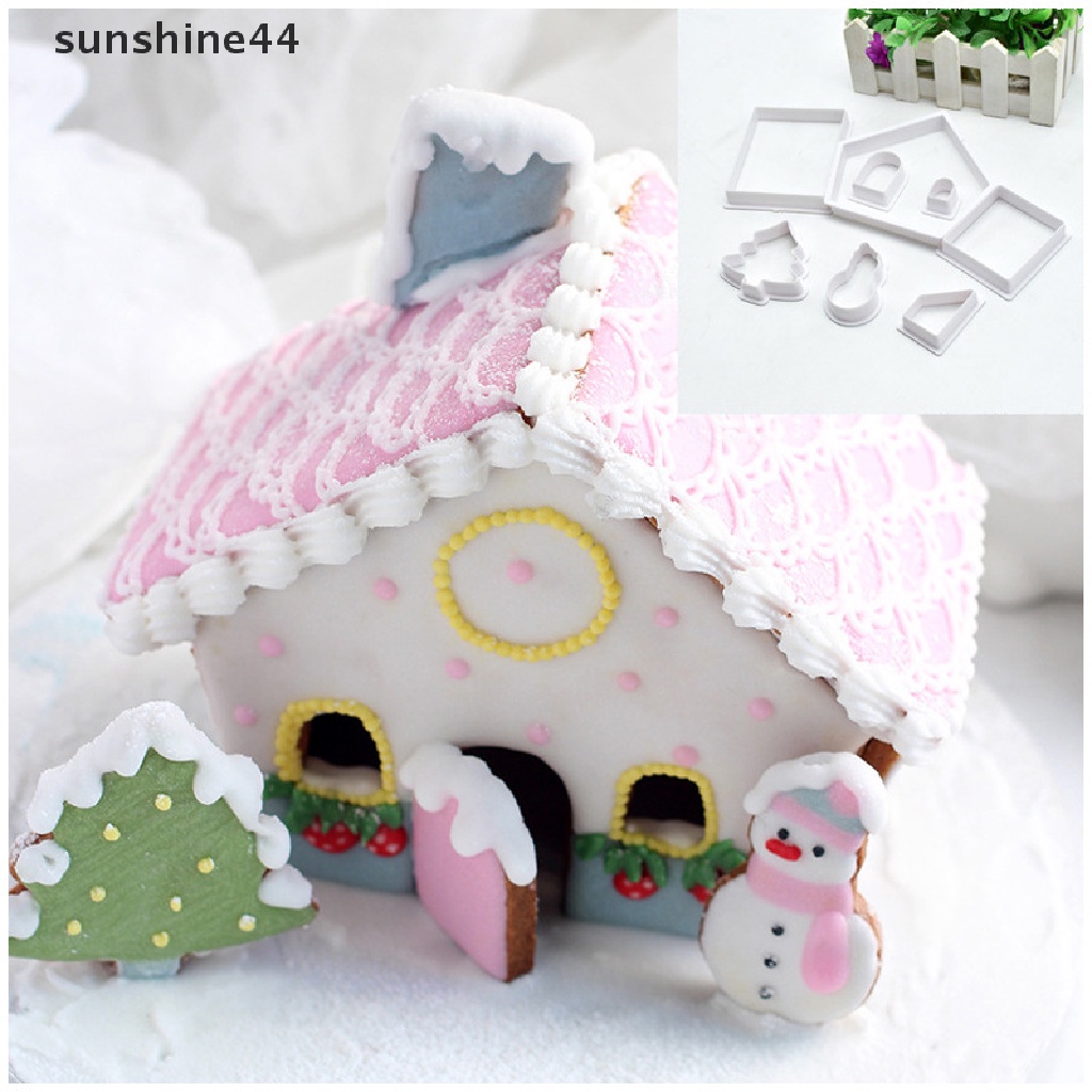 Sunshine 8Pcs / Set Cetakan Pemotong Kue / Biskuit Bentuk Rumah Jahe Natal 3D DIY Bahan Plastik