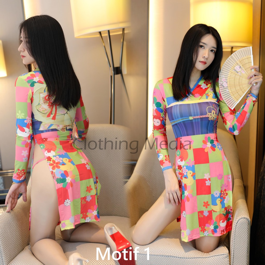 Gaun Split Silky Motif Tradisional Kimono Bunga Lengan Panjang Halus Baju Yukata