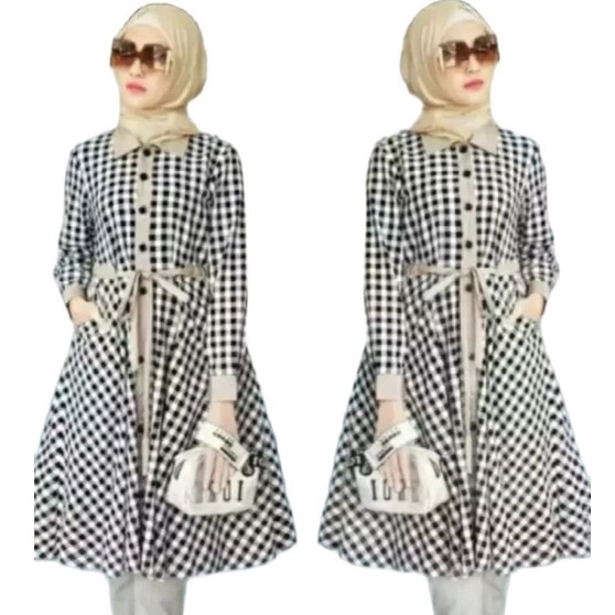 Kemeja Wanita Tunik Kotak Terbaru Kombinasi Kotak Dan Polos