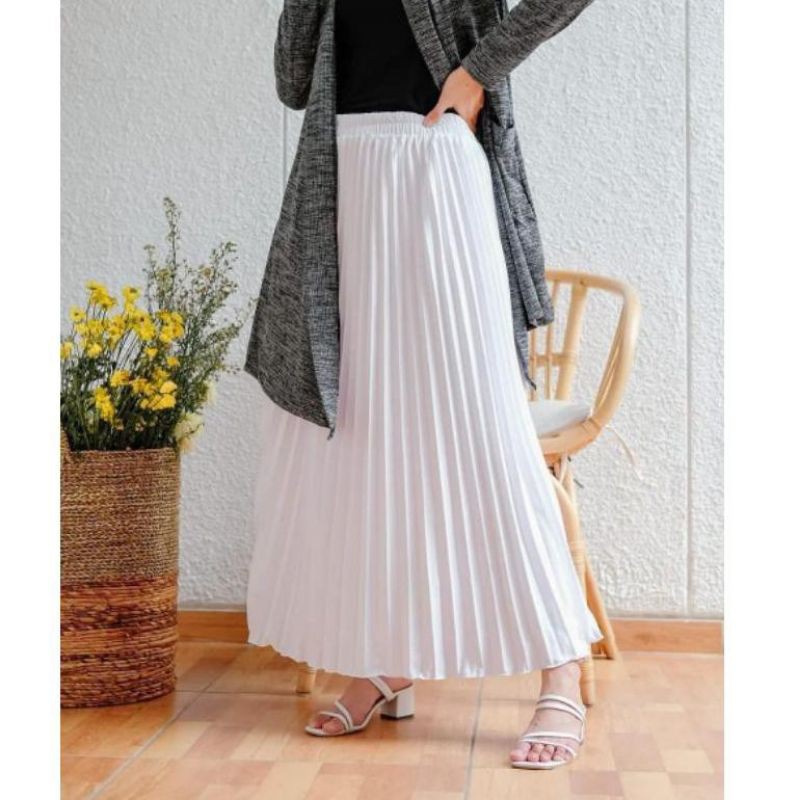 ROK PLISKET PAYUNG WARNA PUTIH TULANG DAN PUTIH BERSIH // NO TERAWANG MURAH