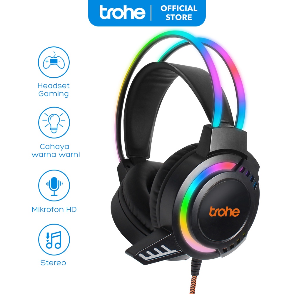 Trohe Headset Gaming Over Ear Headphones Original Wired Headset with Microphone Pakai Kabel Jack 3.5
