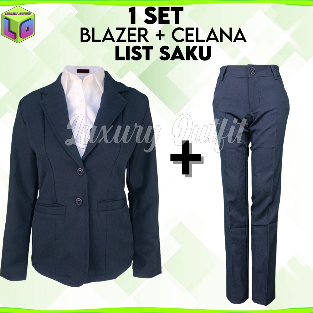 One Set Setelan Jas Blazer Celana Wanita Bahan Panjang Kancing 2 Stelan Jas Kerja Kantor Cewe Polos 