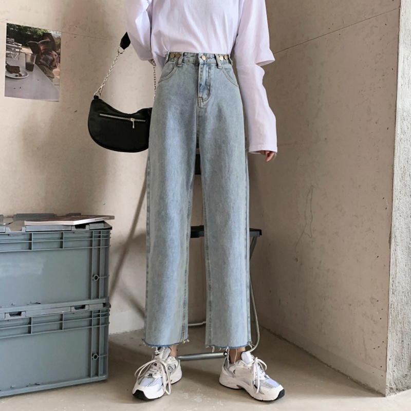 korean style new biru muda straight boyfriend celana jeans longgar wanita