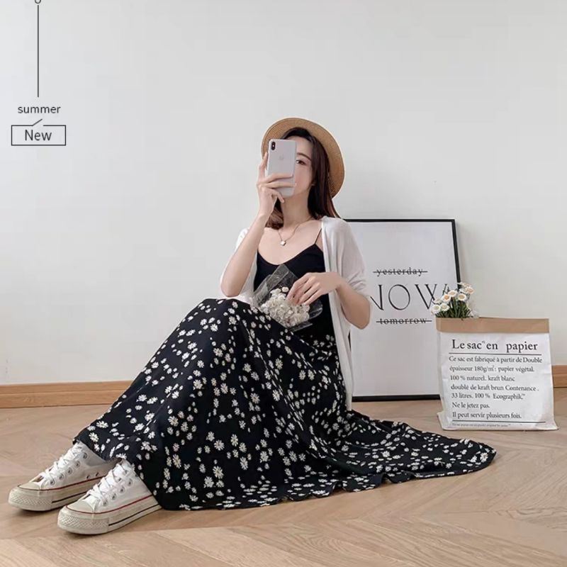 1 MIDI SKIRT A LINE IMPORT / ROK BUNGA DAISY BLACK WHITE / ROK DAILY WANITA KOREAN BAHAN SIFON-4