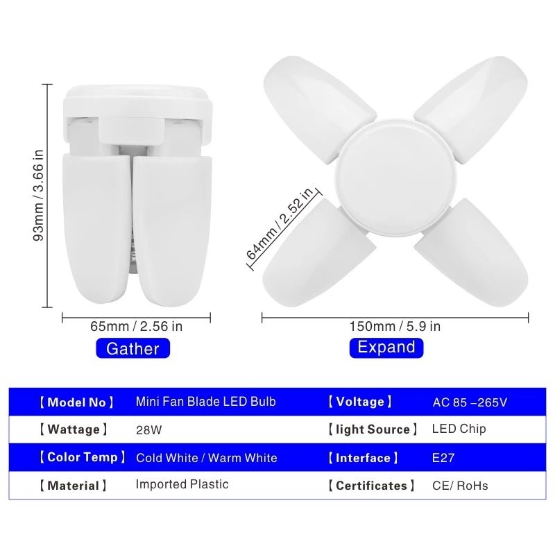 lampu bohlam LED E27 28W/6500K model kipas 4 daun fan light bulb 5 lampu