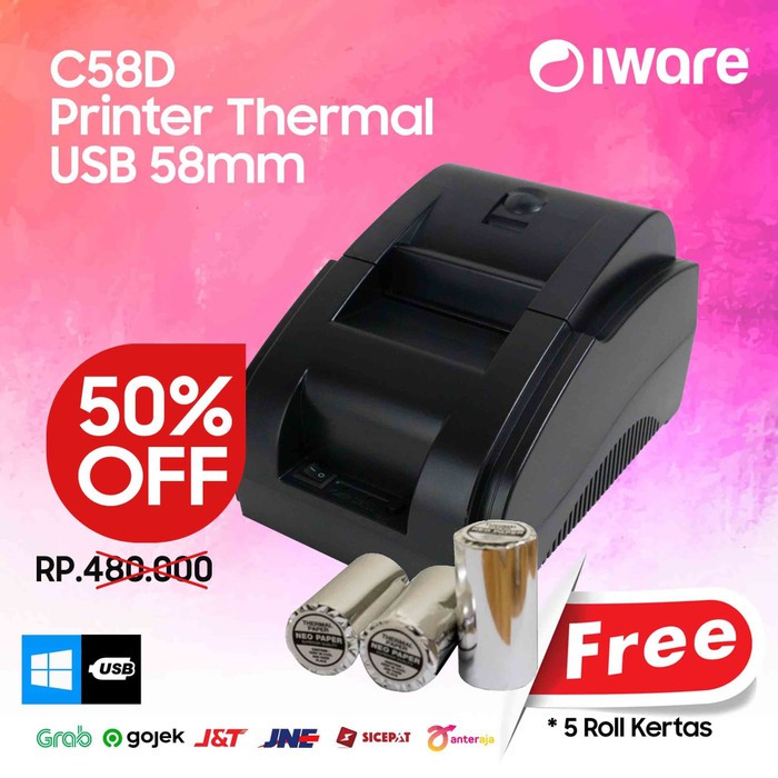 BARCODIA PROMO PAKET IWARE - PRINTER KASIR USB + 5 ROLL KERTAS THERMAL 58MM