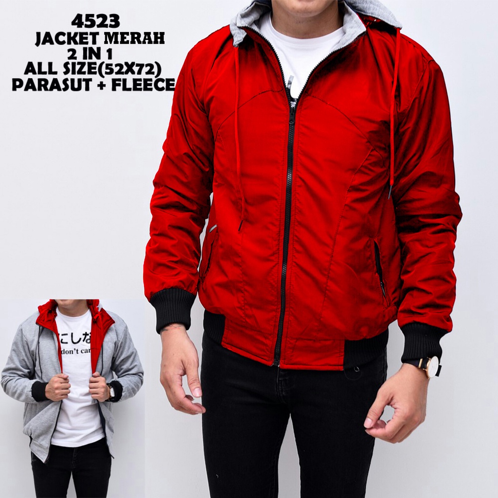 JAKET BOLAK BALIK 2IN1 JAKET MOTOR JAKET BB JAKET PARASUT JAKET PRIA WANITA JAKET DISTRO PRIA WANITA-DC MERAH - ABU M/L