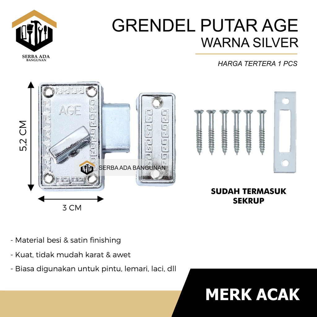 Grendel putar AGE ANTIK GOLD SILVER-Pengunci pintu selop kunci slop selot jendela model kuno