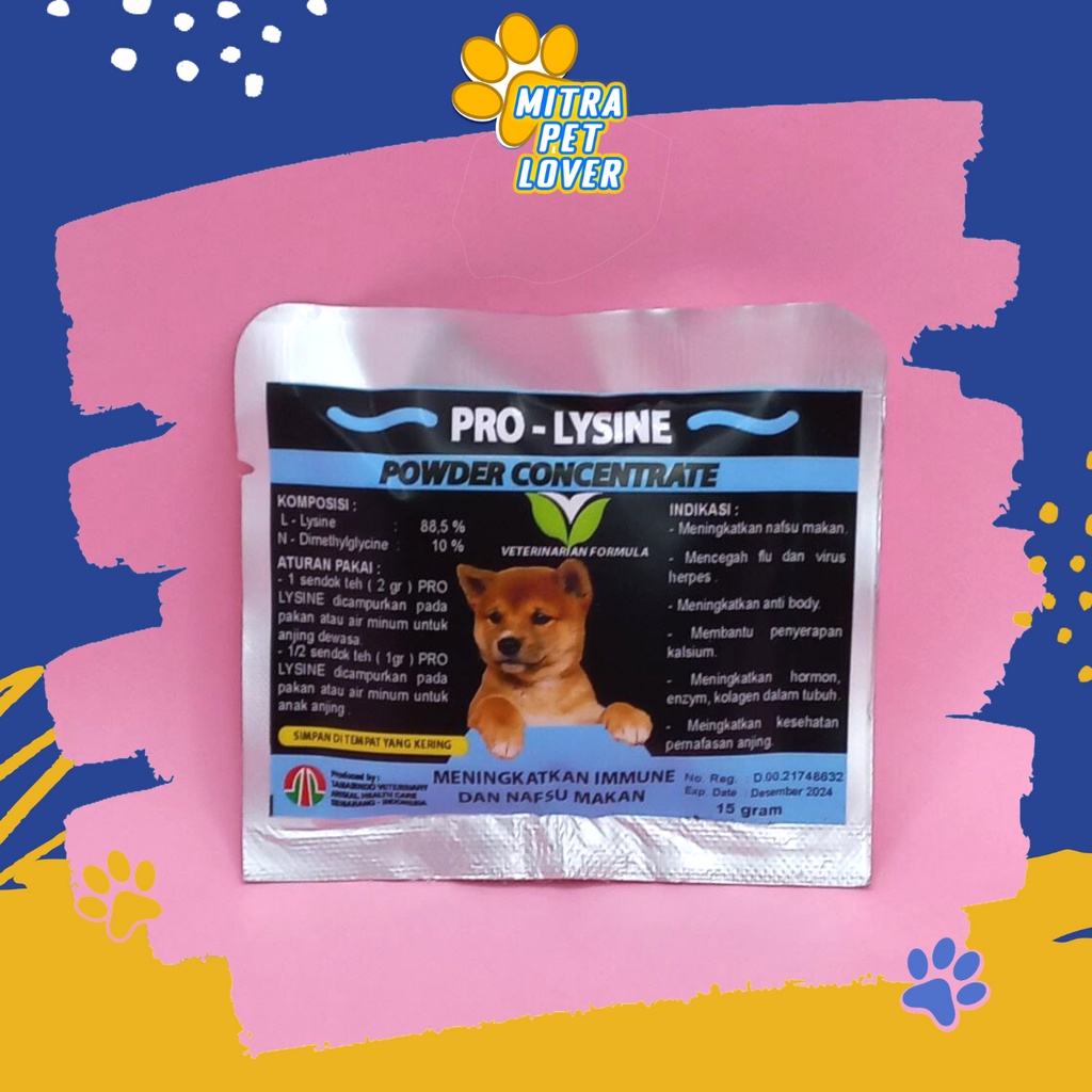 PENAMBAH NAFSU MAKAN ANJING - PROLYSINE DOG POWDER - PRO LYSINE 15 GRAM - SUPLEMEN BUBUK TAMBAH NAFSU MAKAN &amp; ANTIBODY HORMON &amp; ENZYM - CEGAH FLU - HEALTHCARE VETERINARY TAMASINDO OBAT KESEHATAN DAN VITAMIN TERNAK HEWAN BINATANG PELIHARAAN MITRAPETLOVER