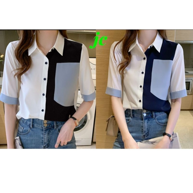 JCTK - Nieta Top / Kemeja Wanita Kombinasi Korean Style Terbaru