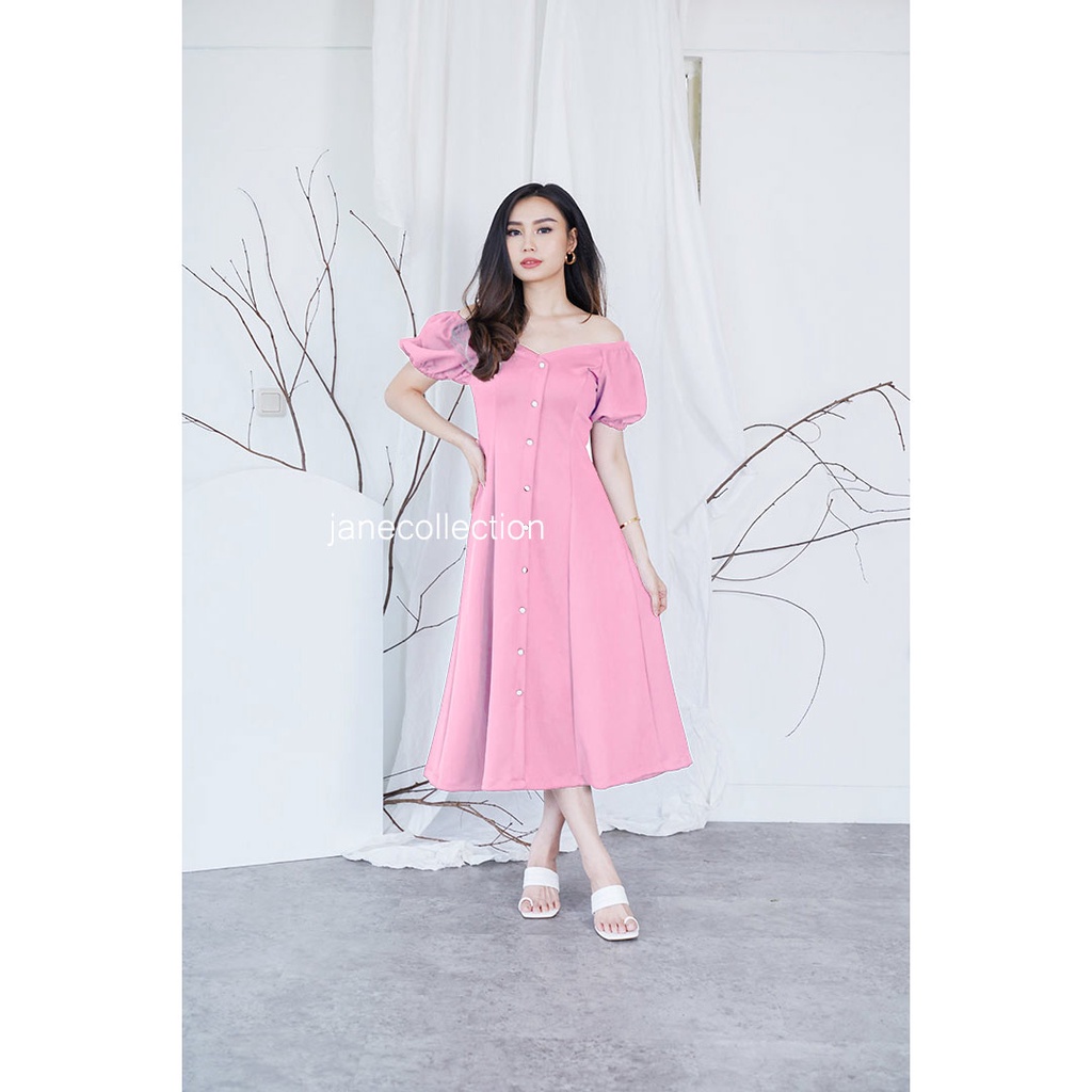 JANE COLLECTION || Maxi Dress Pesta Rok A Line Skirt Party Elegant Kancing Hidup Busui Friendly Baju Ibu Menyusui Lengan Balon / Lengan Pendek Karet Sabrina Baju Natal Christmas Imlek Chinese New Year Merah Maroon Hijau Emerald Hitam Putih Dress Brenda