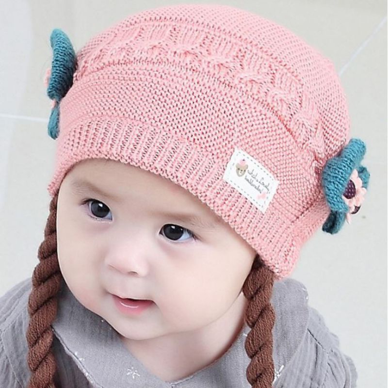 Topi anak rajut cewek rambut kepang pom ternyaman