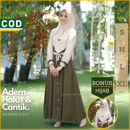 Gamis Syari Terbaru Set Khimar Hijab Polos Remaja Wanita Muslim Pesta - Army, S