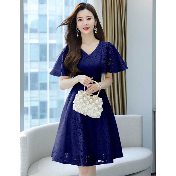 Dress wanita brukat biru dress wanita import gaun korea gaun pesta brokat baju terusan wanita elegan