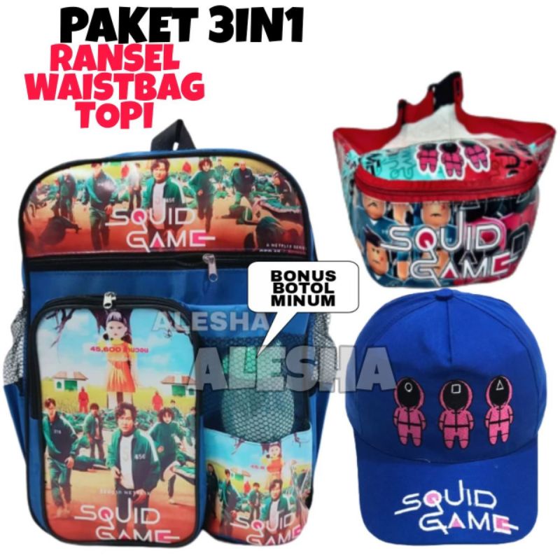 Tas ransel anak sekolah karakter Squid game Spiderman Batman/gratis topi