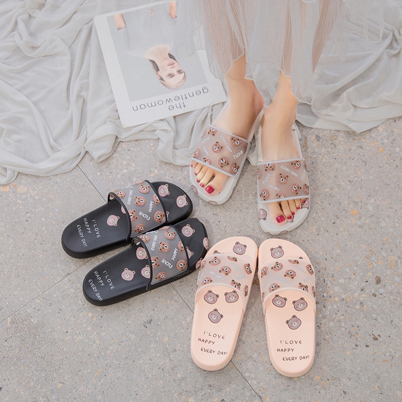 [JWALK] Sandal Wanita Slip On Karet Bear KAI BLACK PEACH WHITE Transparan Hangout Outdoor Rumahan Lucu Anti Licin- 262