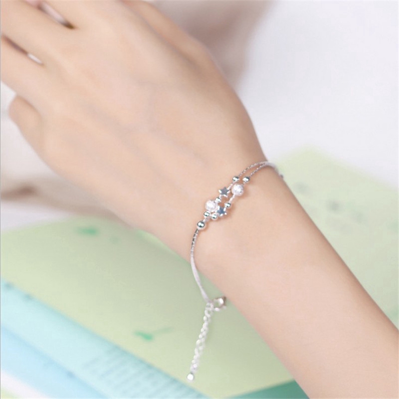 Fashion Aksesoris S925 Sterling Gelang Perak Desain Manik-manik Ganda Bintang Bentuk Gelang Kaki