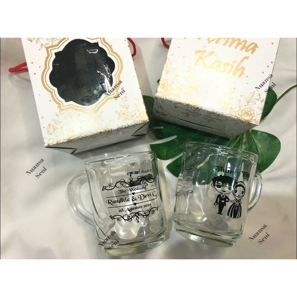 Souvenir Pernikahan Gelas Cangkir Minum Kopi Gelas Mug Gagang Kaca Alur Garis Gelas CG Royal Sablon