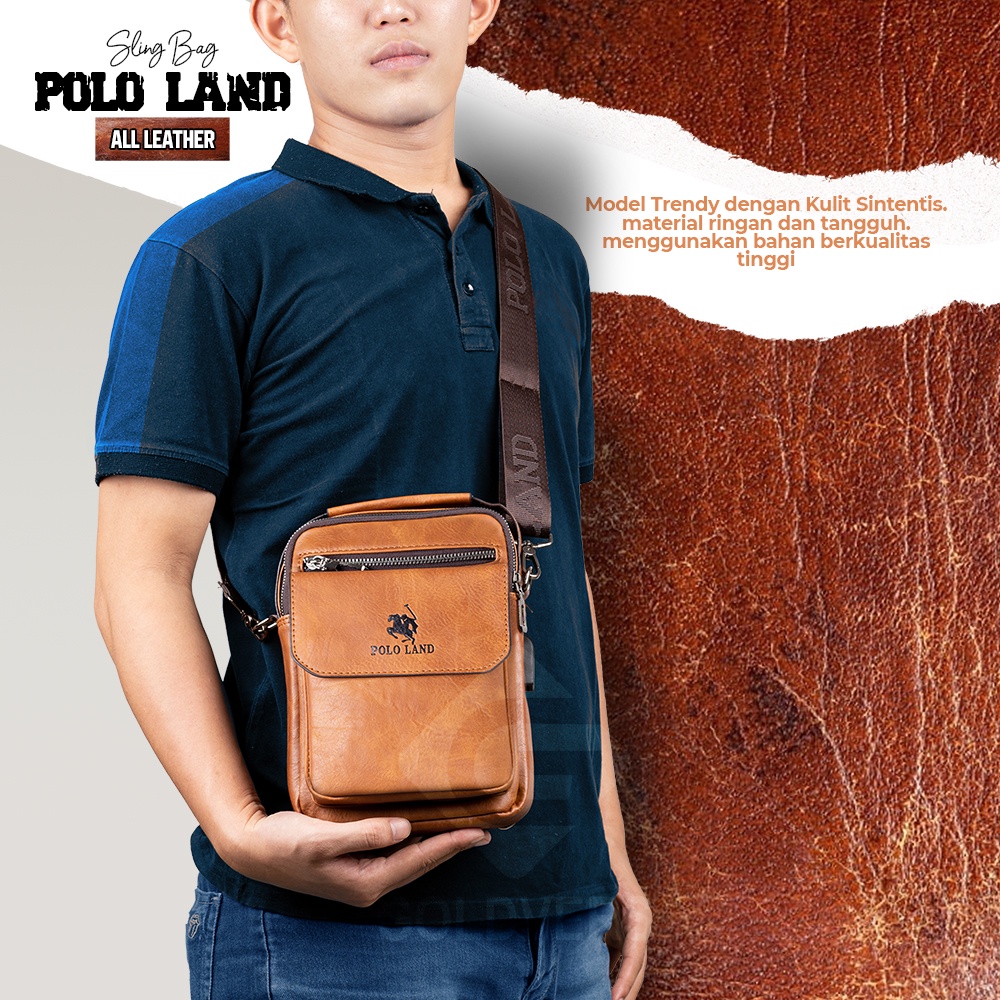 Tas Selempang Pria Kulit Slempang Pria Slingbag Cowok POLO LAND MULTIFUNGSI + FREE KABEL USB - Distributor