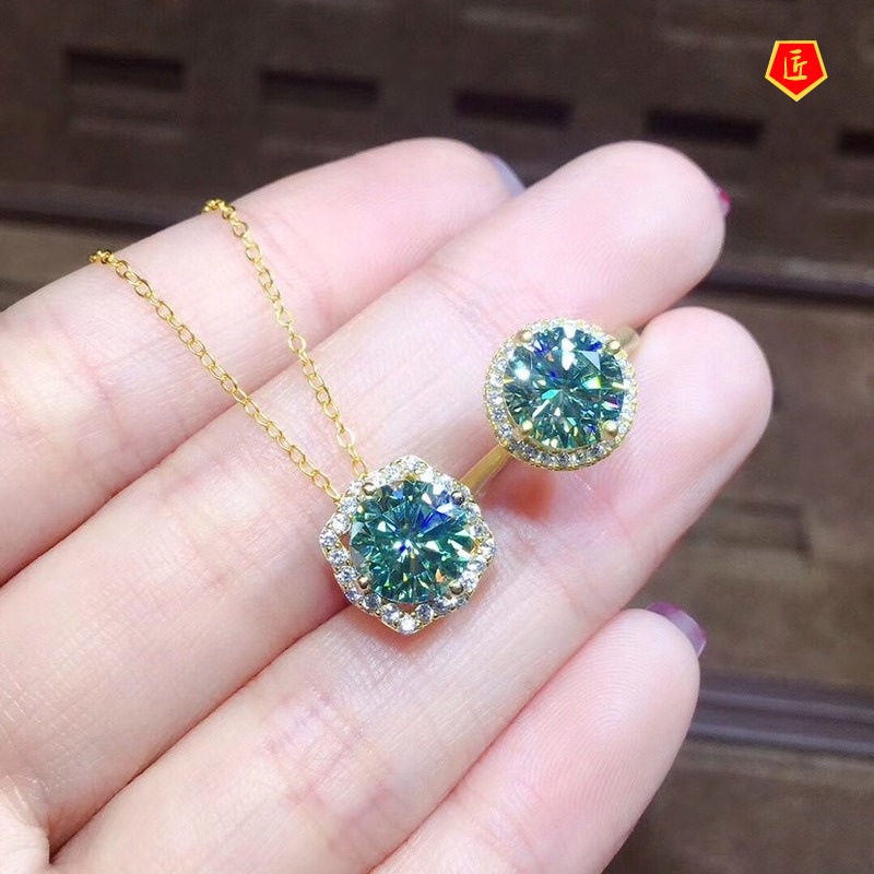 [Ready Stock]3 Karat Pt950 Blue and Green Diamond Necklace Ring Set