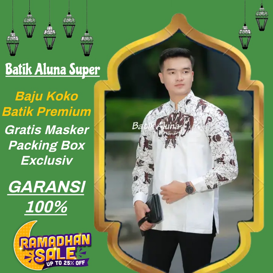Atasan muslim pria lengan panjang baju koko batik premium modern mewah putih lapis furing reguler fi