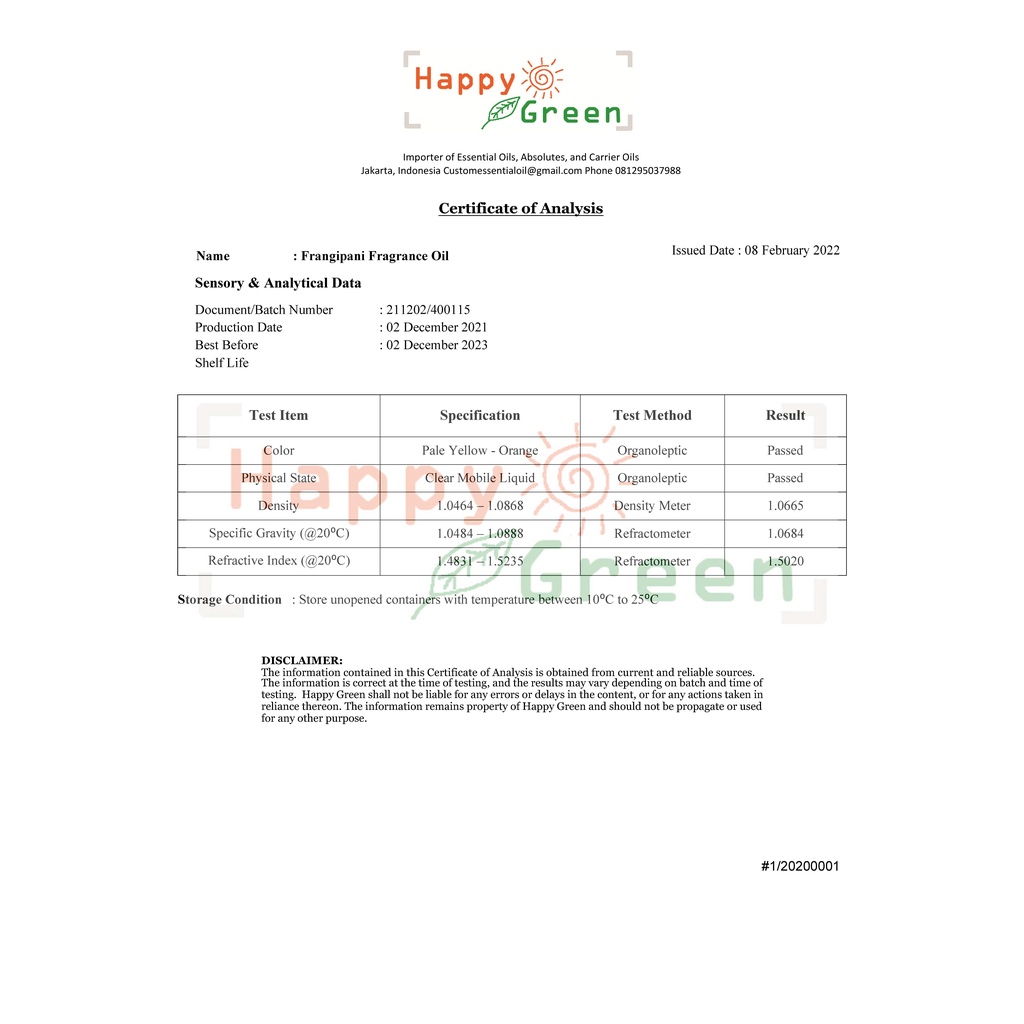 Happy Green Frangipani Fragrance Oil - Aroma Bunga Kamboja