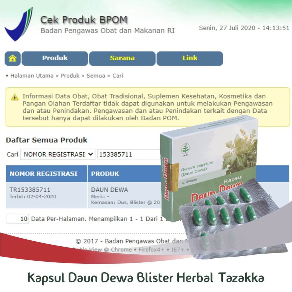 Obat Herbal Stroke Ampuh Penurun Darah Tinggi Ekstrak Daun Dewa Tazakka Original 20 Kapsul Blister.