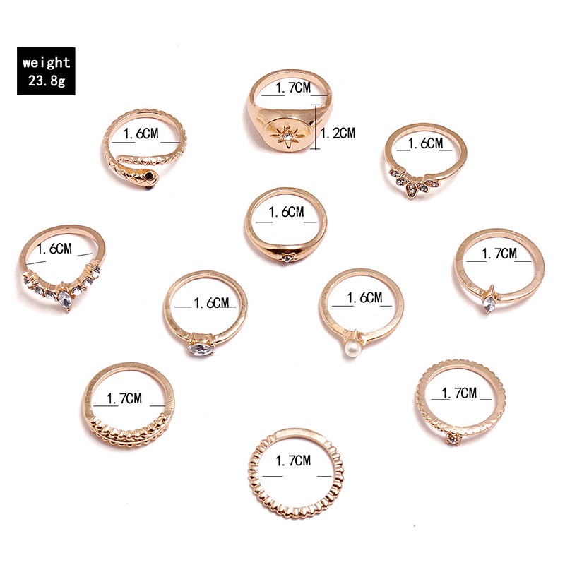 11pcs / Set Cincin Berlian Mutiara Heksagonal Gaya Bohemian Untuk Wanita