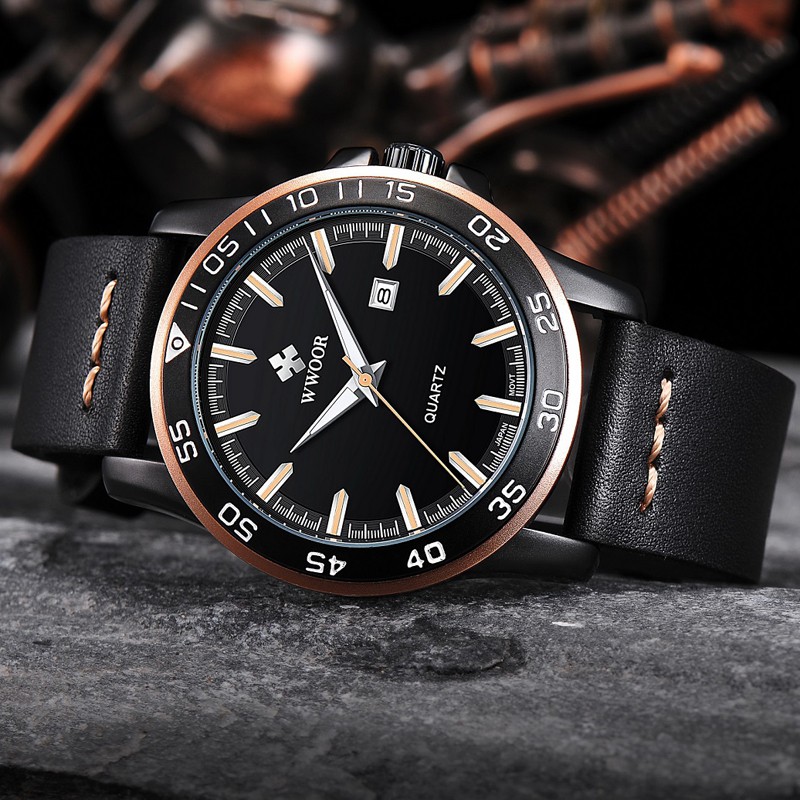WWOOR ORIGINAL 8834 Rose Gold Jam Tangan Kasual Pria Tali Kulit wwor