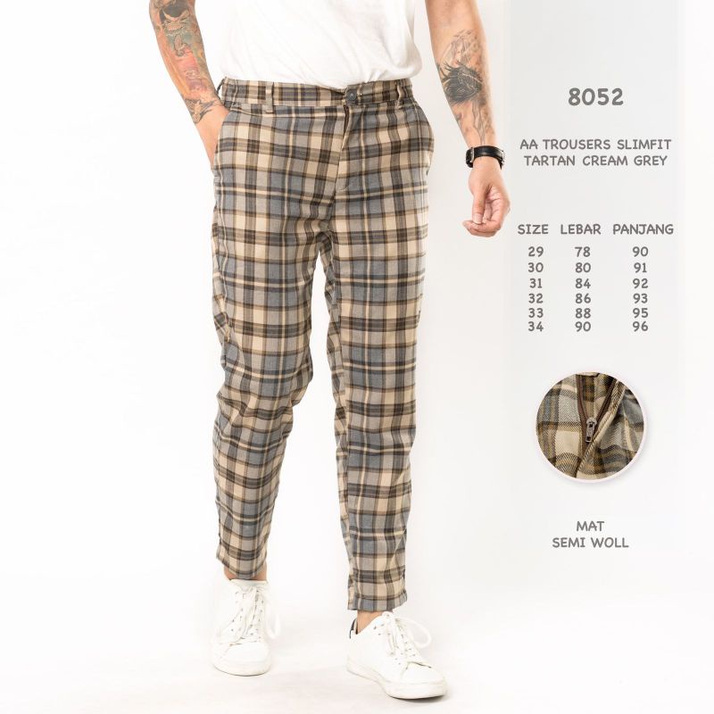 Celana Pria Tartan Slimfit Cream Grey Ankle Pants Celana Chino Pria Kotak Kotak Tartanpants Cowok