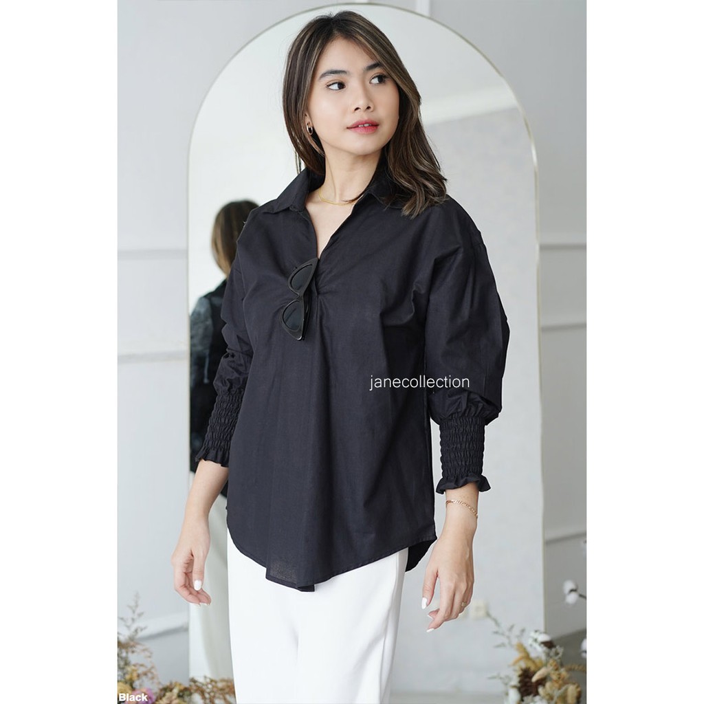 JANE COLLECTION || Kemeja Putih Wanita Kemeja Kerja Lengan Panjang Kerut Jumbo Pink Ukuran M L XL XXL Cocok Sebagai Inner Dalaman Kemeja Oversized Jinny Hitam