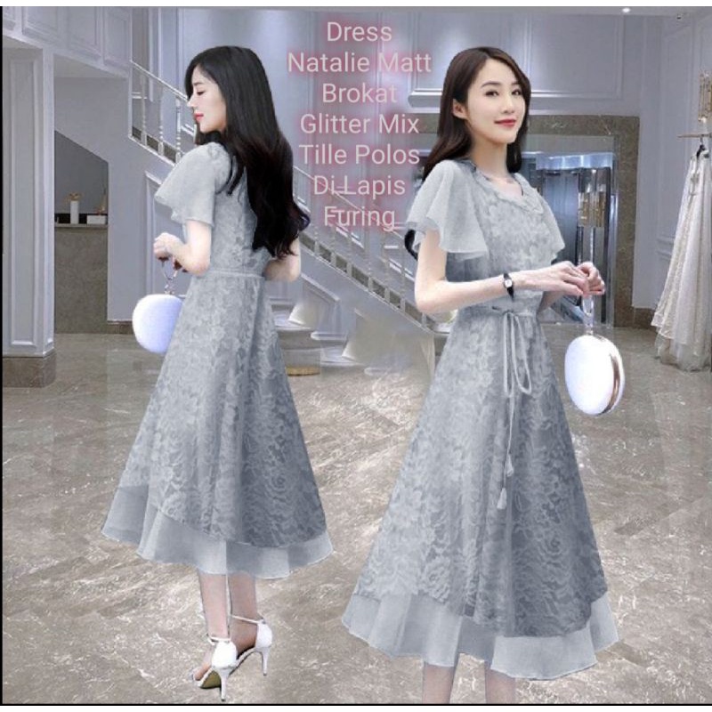 Dress Wanita Midi Model Terbaru Matt Brokat/Dress Natalie Size L-XL-XXL Dress Pesta Dan Acara Natalan Wanita Kekinian Viral